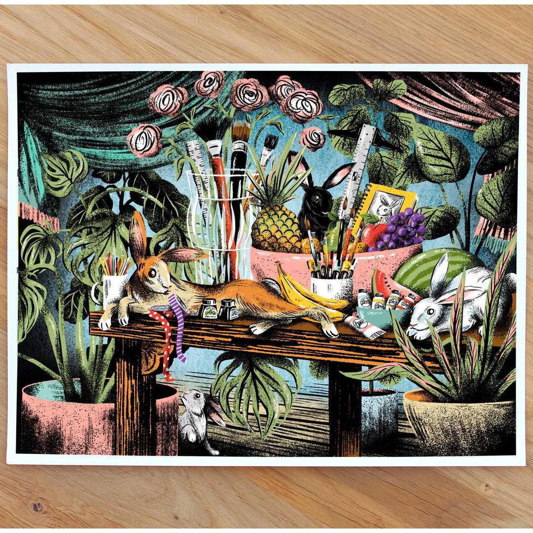 LÁMINA - I never draw, STILL LIFE WITH RABBITS AND ART SUPPLIES