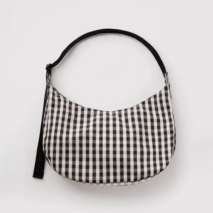 BOLSO - Baggu, Black And Cream Gingham Large Nylon Crescent Bag