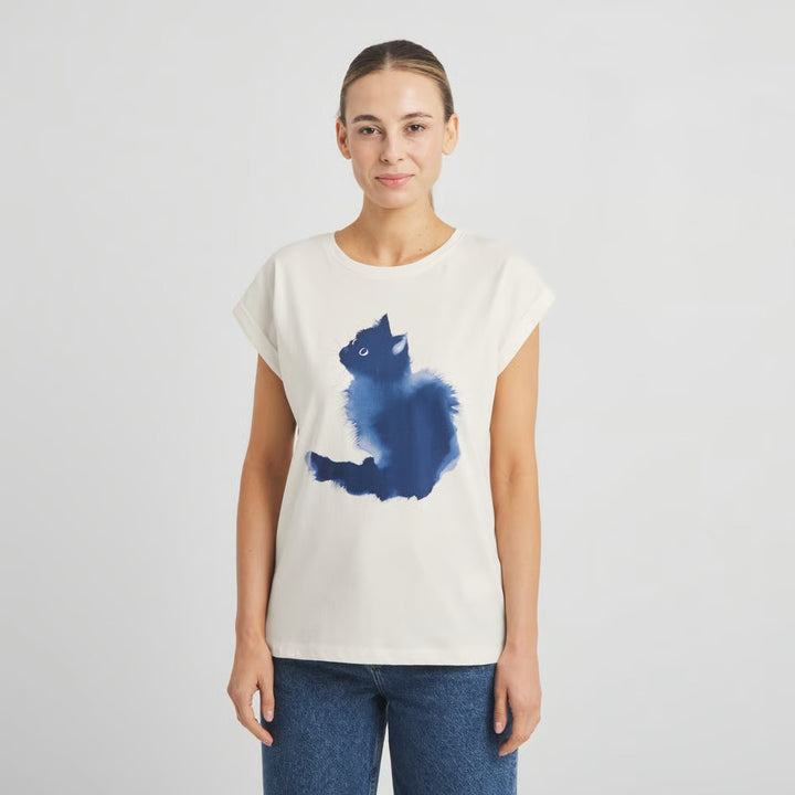 CAMISETA - DEDICATED, Visby Watercolor Cat Off-White