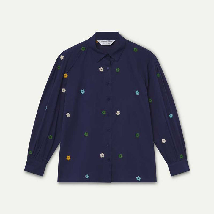 CAMISA - Compañía Fantástica, Algodón azul marino con bordado de flores
