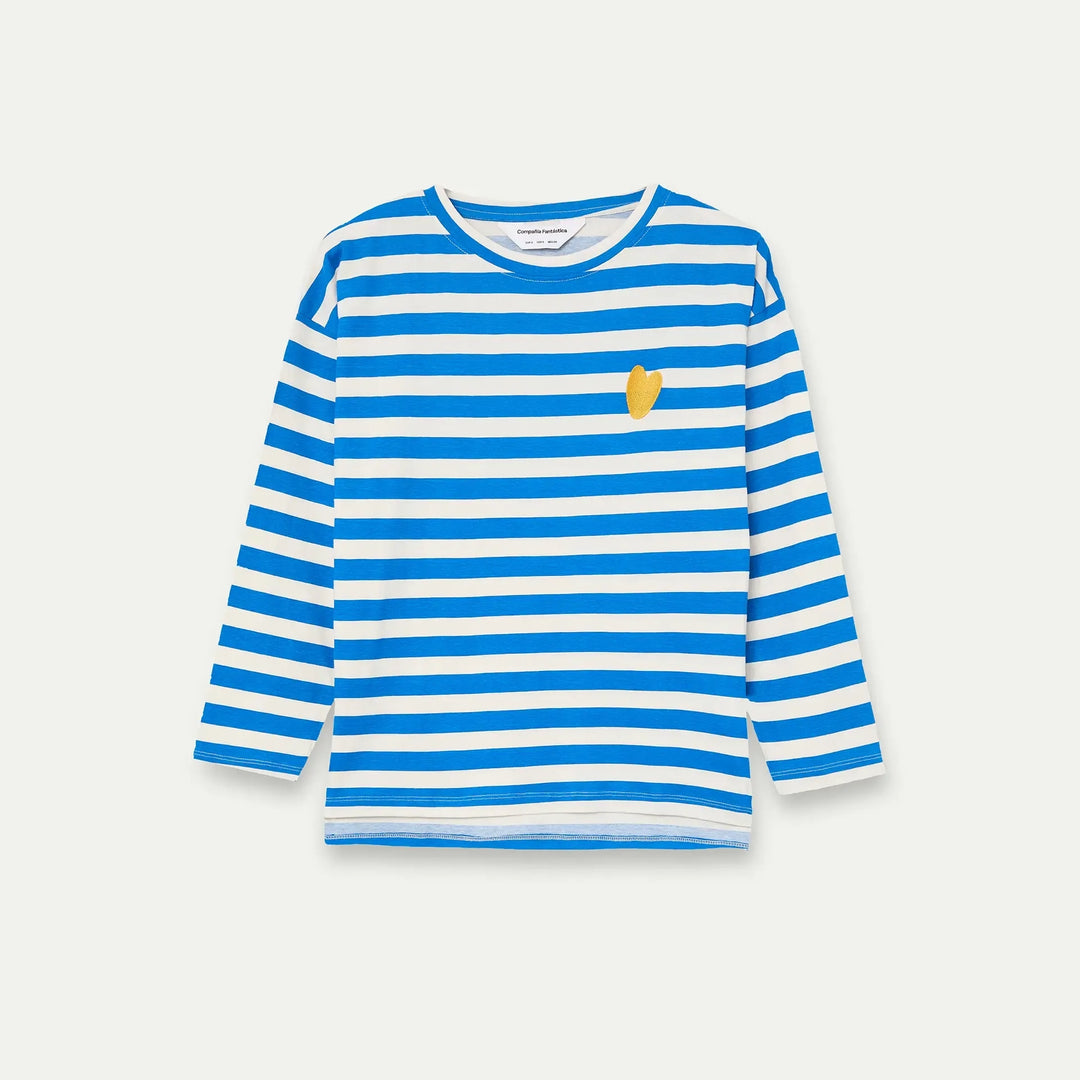 CAMISETA- Compañía Fantástica, Rayas azules con bordado de corazón