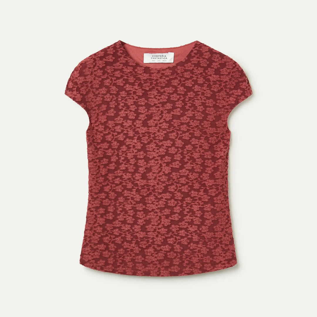 CAMISETA - Compañía Fantástica, Encaje floral marrón con manga corta