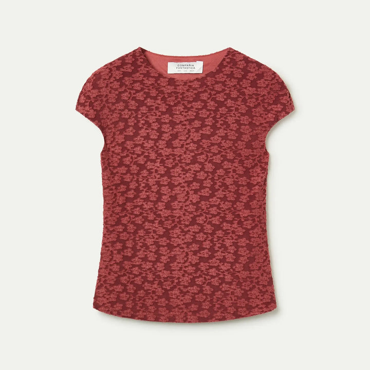 CAMISETA - Compañía Fantástica, Encaje floral marrón con manga corta