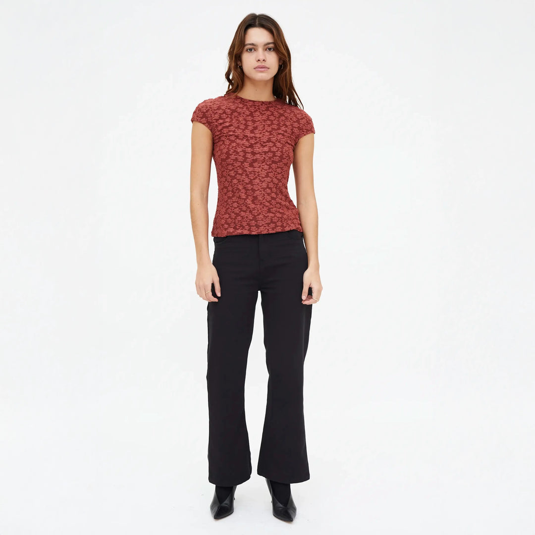 CAMISETA - Compañía Fantástica, Encaje floral marrón con manga corta