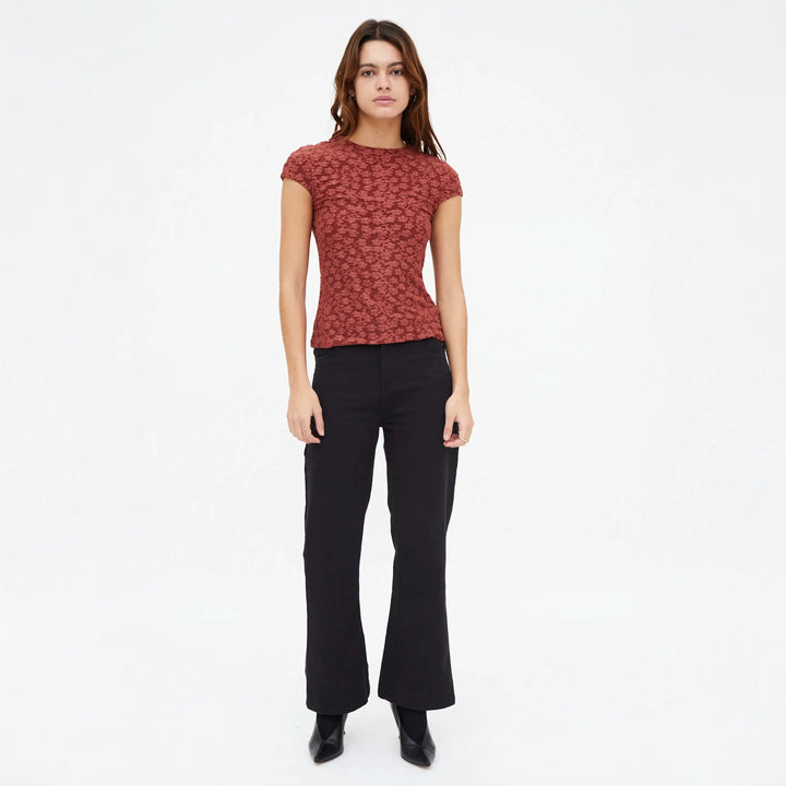 CAMISETA - Compañía Fantástica, Encaje floral marrón con manga corta