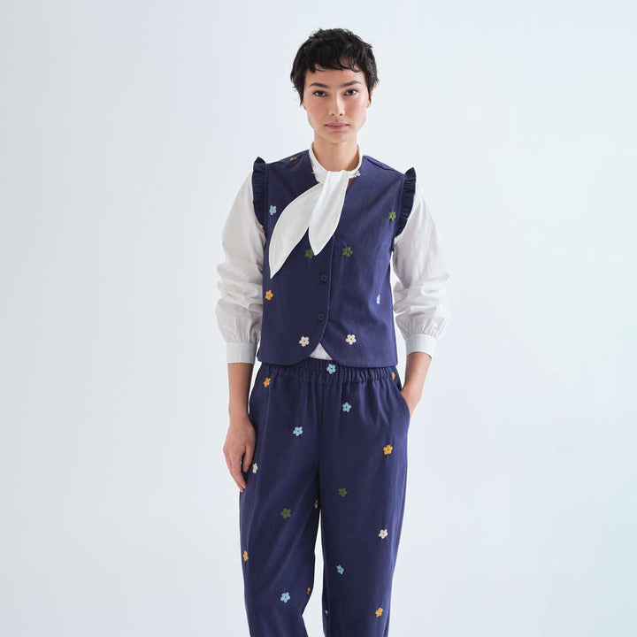 CHALECO - Compañía Fantástica, Algodón azul marino con bordado de flores