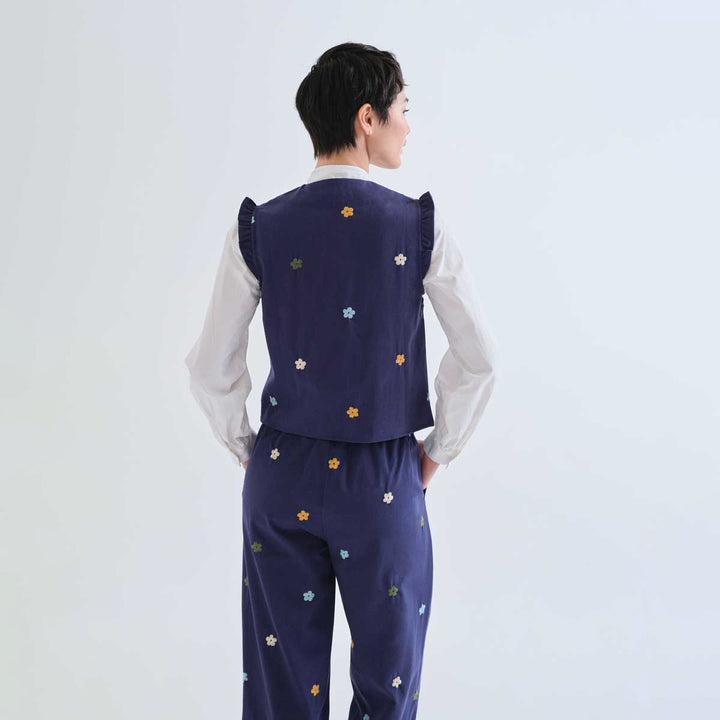 CHALECO - Compañía Fantástica, Algodón azul marino con bordado de flores
