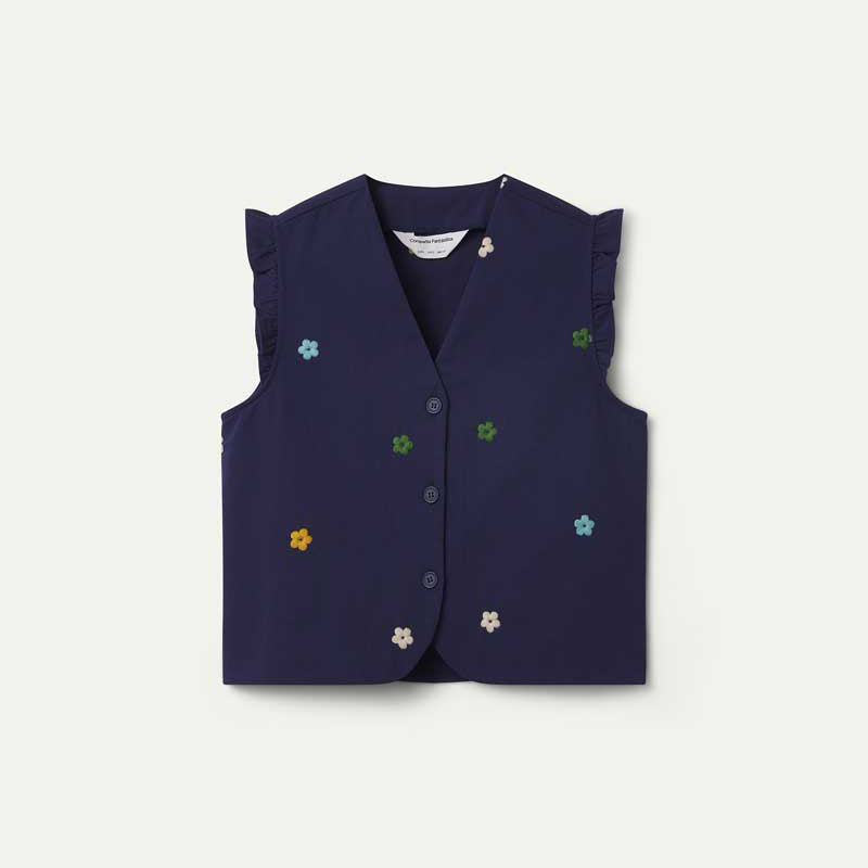 CHALECO - Compañía Fantástica, Algodón azul marino con bordado de flores