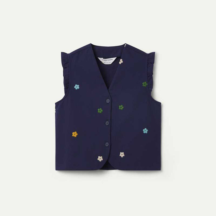 CHALECO - Compañía Fantástica, Algodón azul marino con bordado de flores