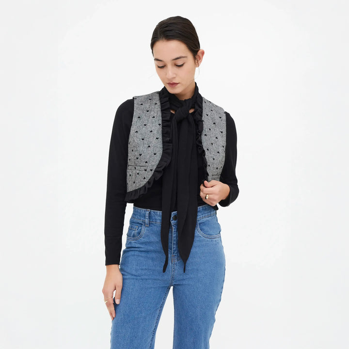 CHALECO - Compañía Fantástica, Tweed con estampado de corazones negro