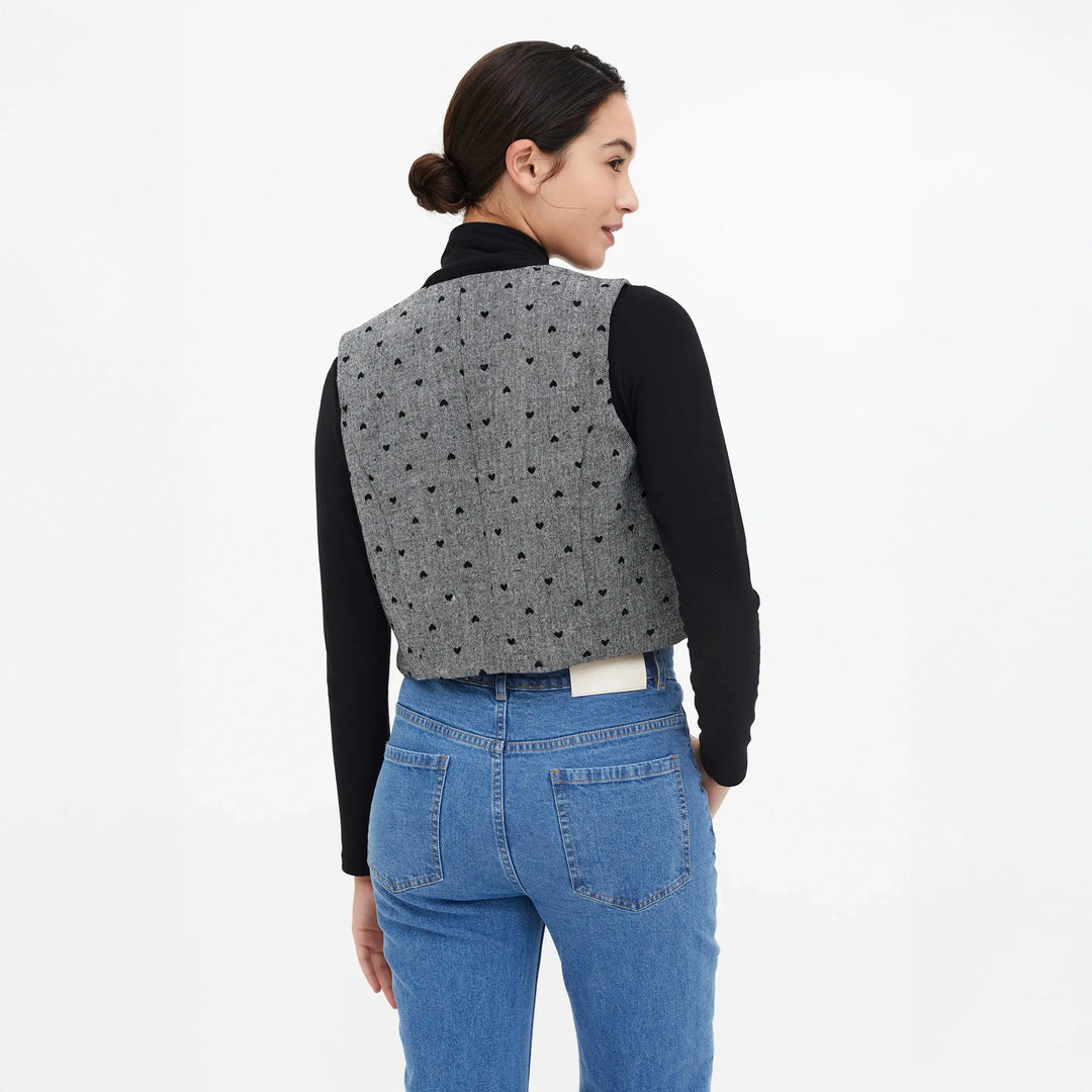CHALECO - Compañía Fantástica, Tweed con estampado de corazones negro