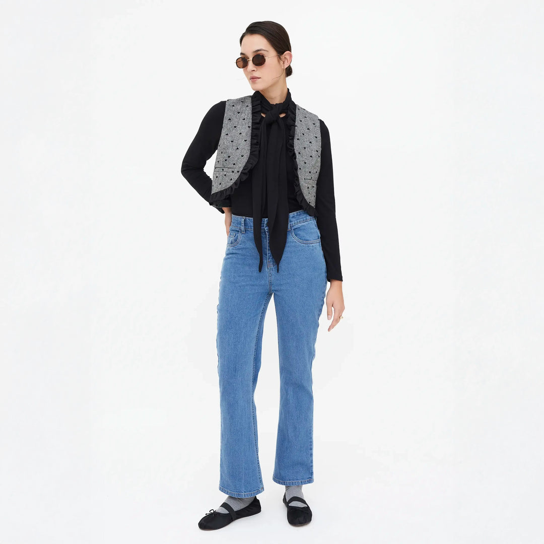 CHALECO - Compañía Fantástica, Tweed con estampado de corazones negro