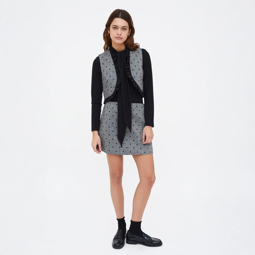 FALDA - Compañía Fantástica, Tweed con estampado de corazones negro