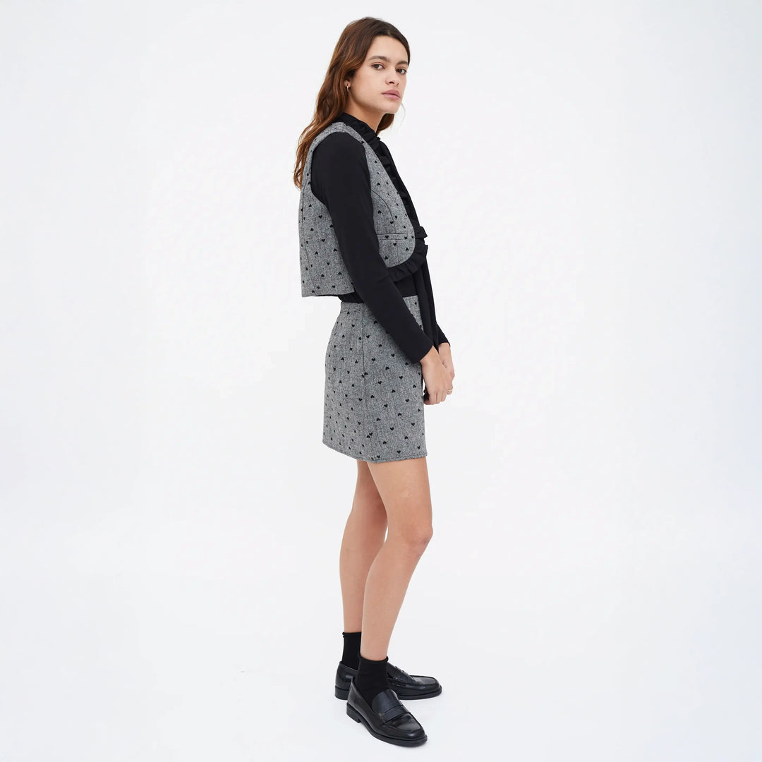 FALDA - Compañía Fantástica, Tweed con estampado de corazones negro