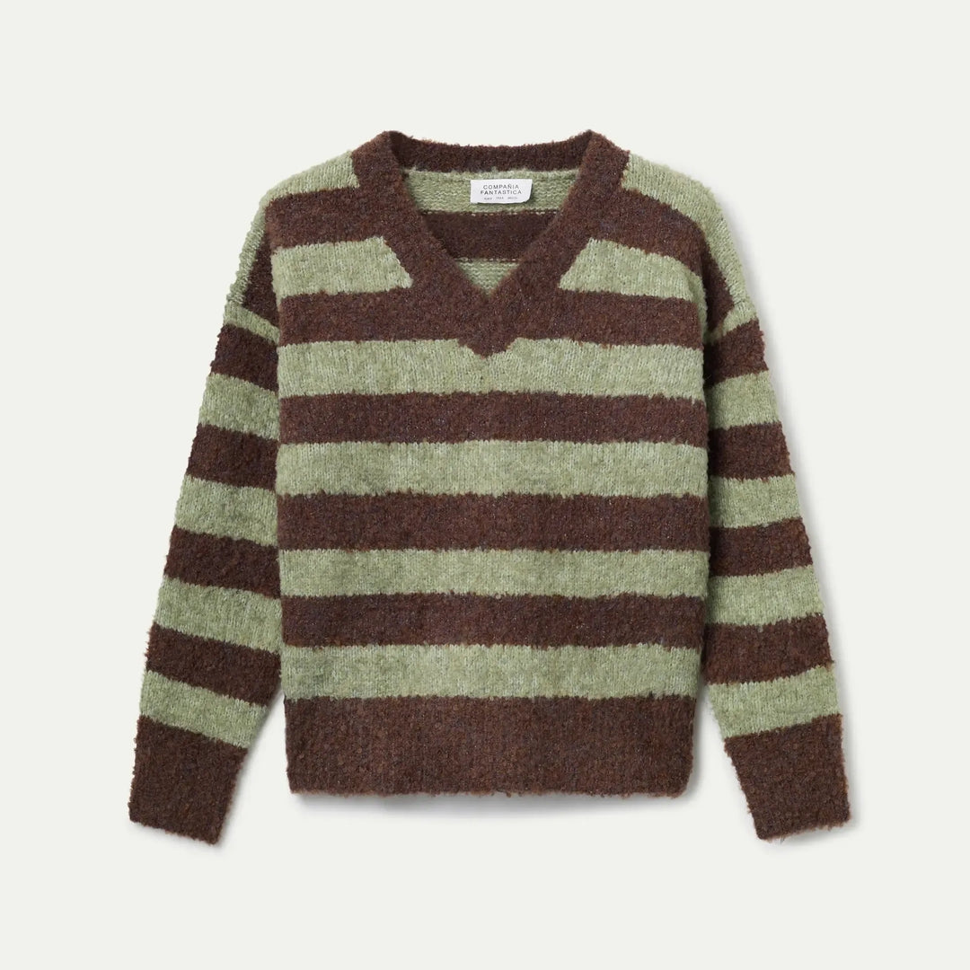 JERSEY - Compañía Fantástica, Punto rayas marrón y verde con textura