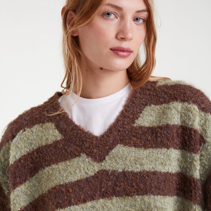 JERSEY - Compañía Fantástica, Punto rayas marrón y verde con textura