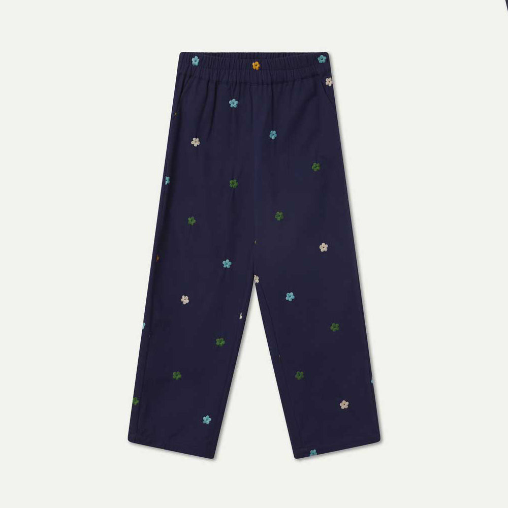 PANTALÓN - Compañía Fantástica, Algodón azul marino con bordado de flores
