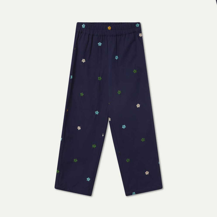 PANTALÓN - Compañía Fantástica, Algodón azul marino con bordado de flores