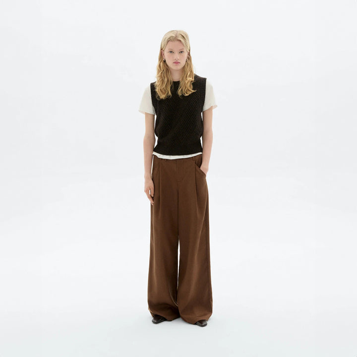 PANTALÓN - Thinking Mu, Molly Wide leg pinza marrón