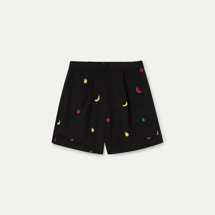 SHORTS - Compañía Fantástica, Negro con bordado de Ensalada de frutas