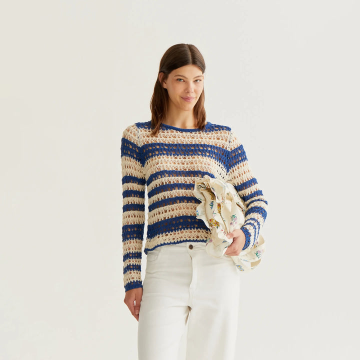 TOP - Compañía Fantástica, Punto Calado Con Rayas Blanco y Azul