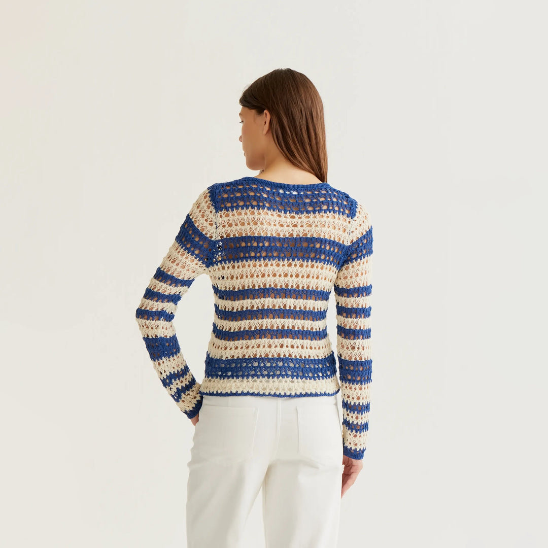 TOP - Compañía Fantástica, Punto Calado Con Rayas Blanco y Azul
