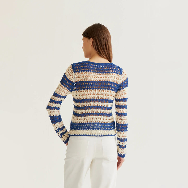 TOP - Compañía Fantástica, Punto Calado Con Rayas Blanco y Azul