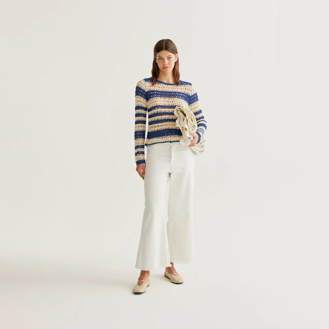TOP - Compañía Fantástica, Punto Calado Con Rayas Blanco y Azul