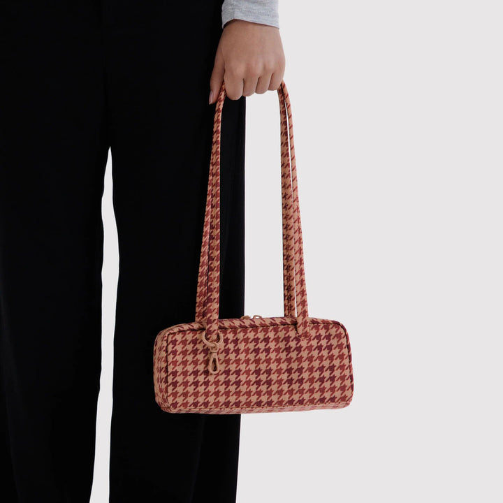 BOLSO - Baggu, Tan Houndstooth Small Bowler Bag