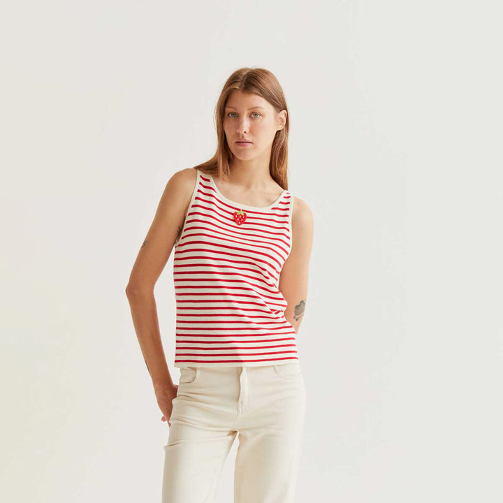 TOP - Compañía Fantástica, Rayas blanco y rojo con bordado de fresa