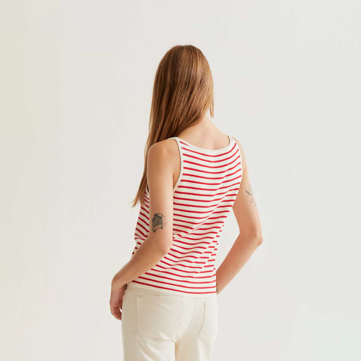 TOP - Compañía Fantástica, Rayas blanco y rojo con bordado de fresa