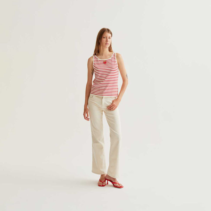 TOP - Compañía Fantástica, Rayas blanco y rojo con bordado de fresa