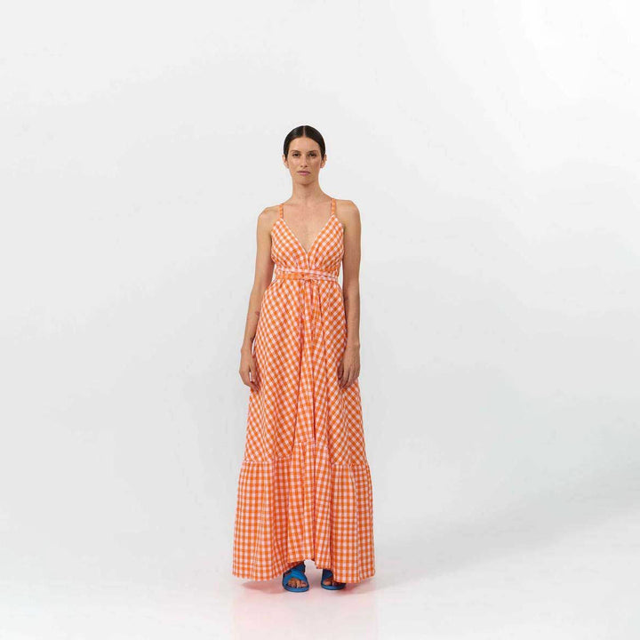 VESTIDO - Suite13Lab, Largo Multiposición Print Check Orange