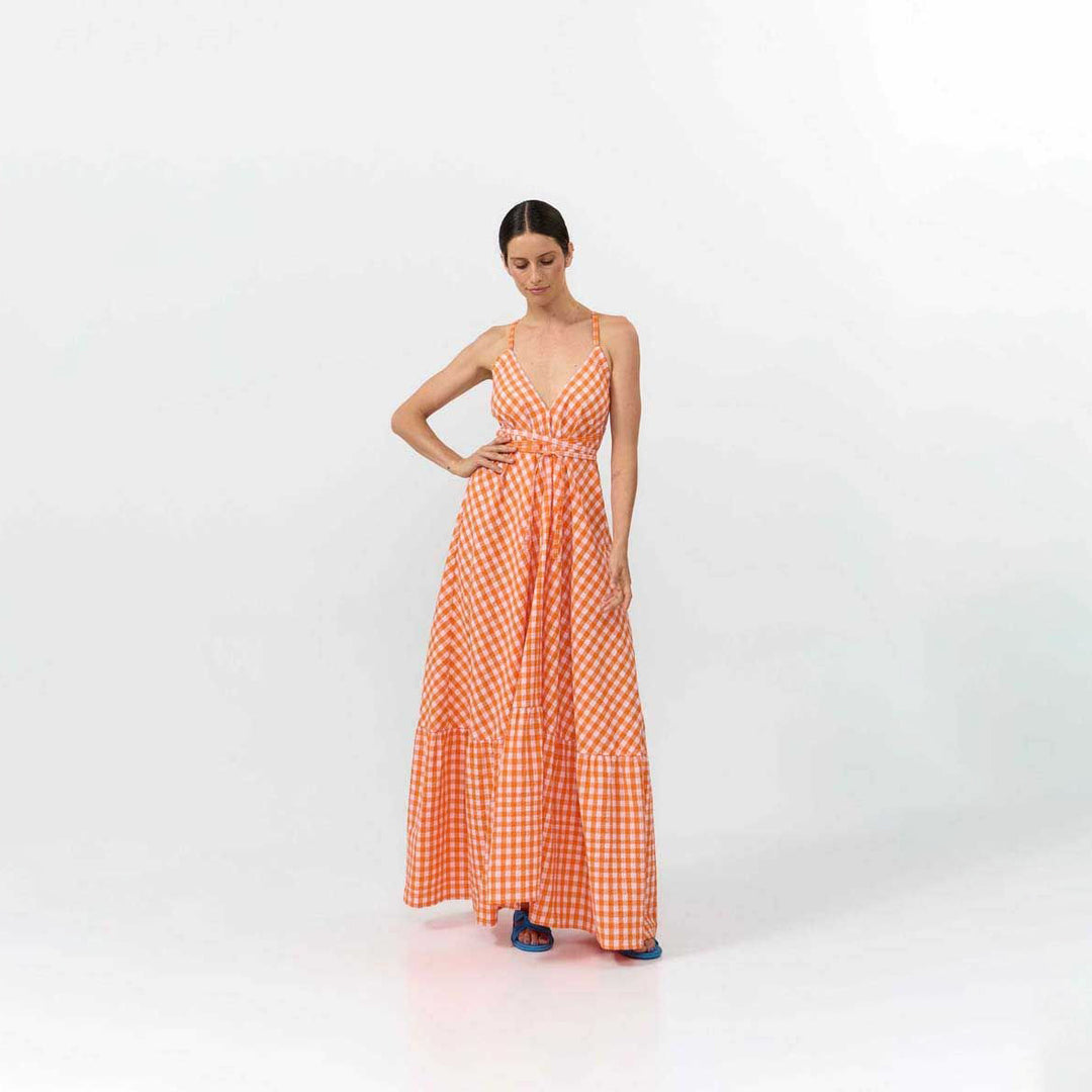 VESTIDO - Suite13Lab, Largo Multiposición Print Check Orange