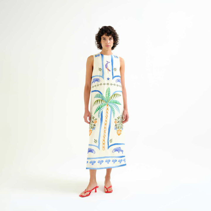 VESTIDO - Compañía Fantástica, Largo con estampado Palm & Mermaid