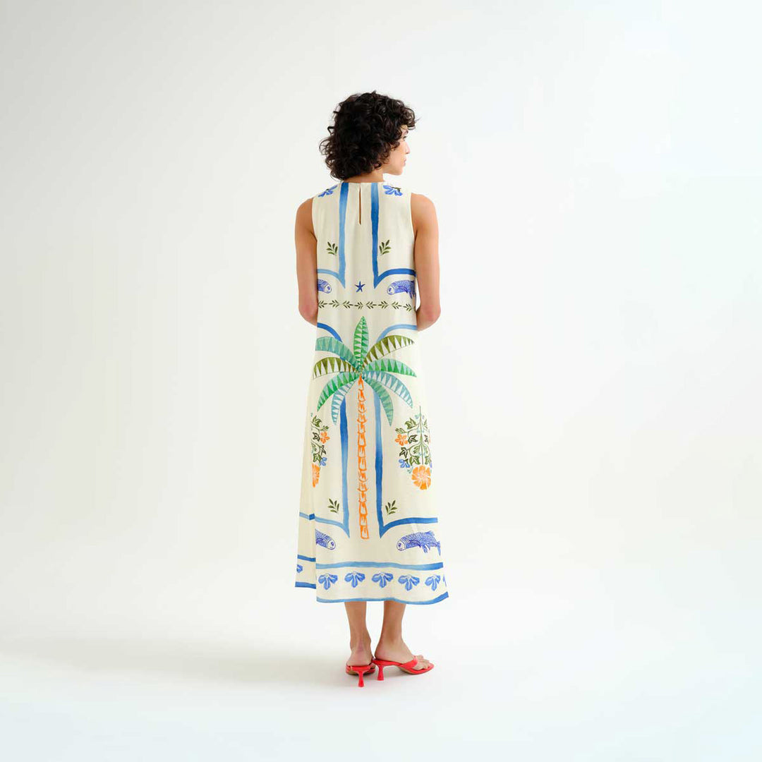 VESTIDO - Compañía Fantástica, Largo con estampado Palm & Mermaid