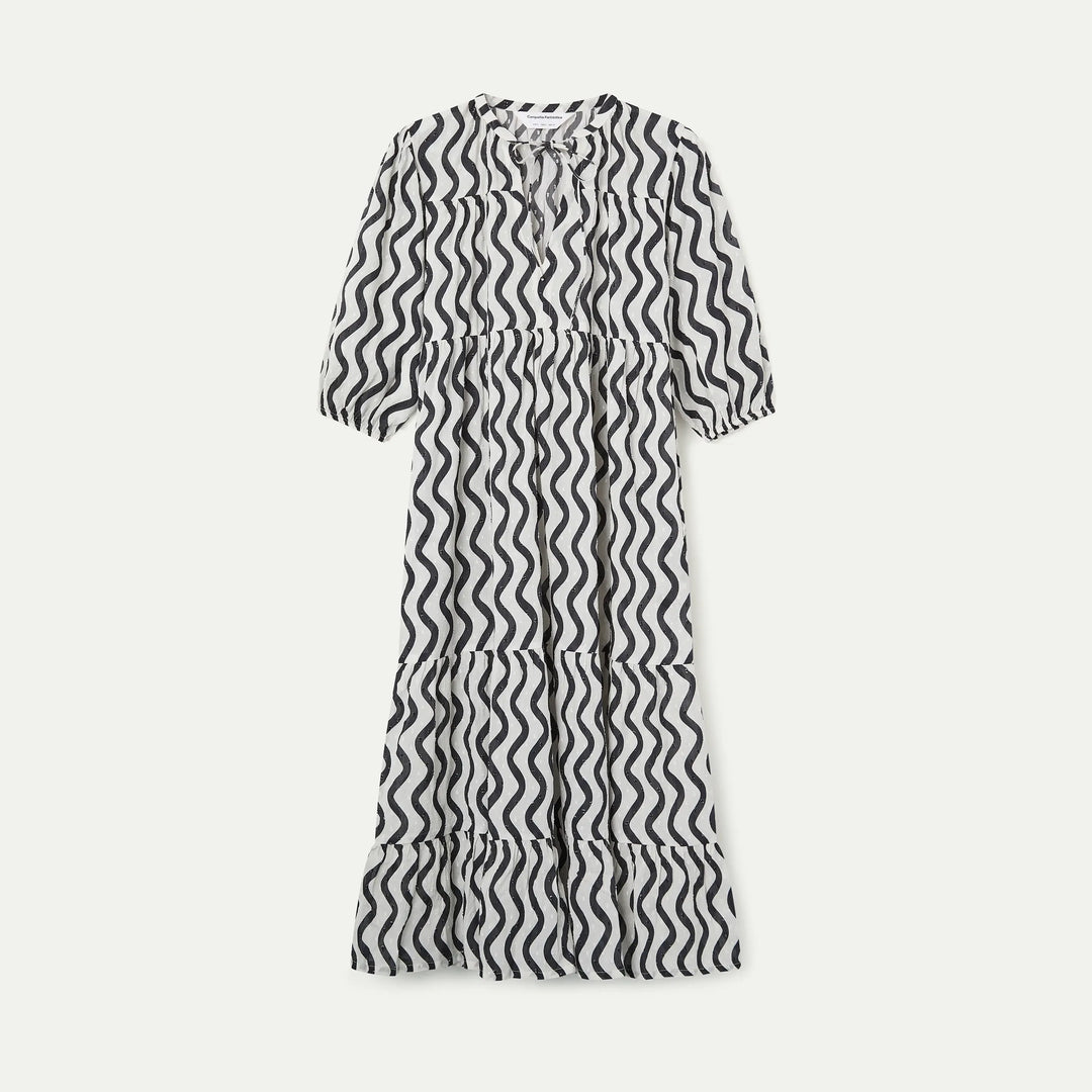 VESTIDO - Compañía Fantástica, Largo Playero con estampado Wave Black & White