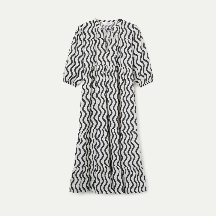 VESTIDO - Compañía Fantástica, Largo Playero con estampado Wave Black & White
