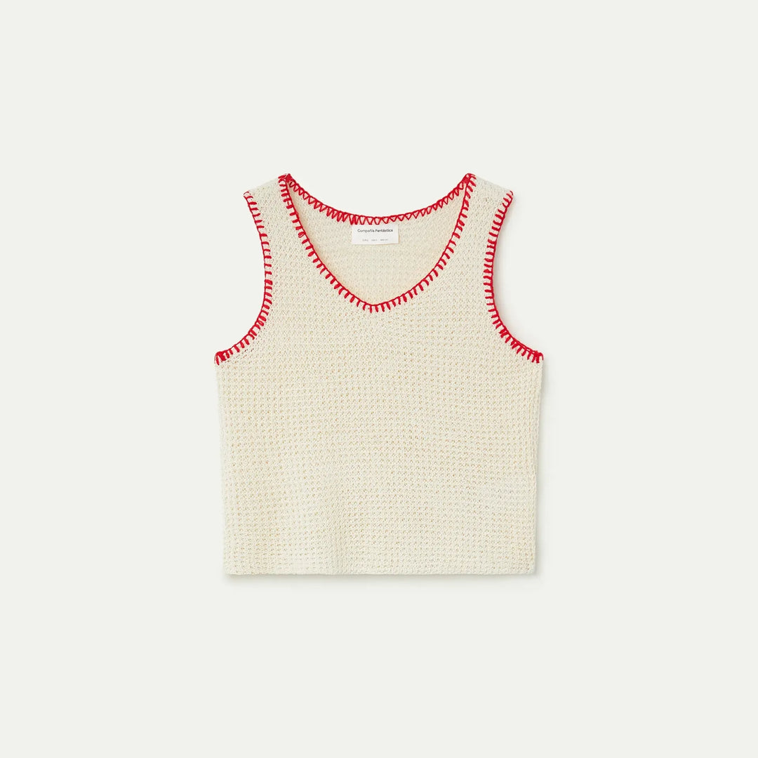 TOP - Compañía Fantástica, Punto Calado Blanco Roto Con Detalles Bordados En Rojo