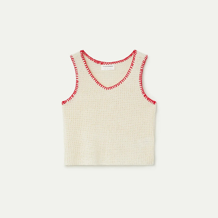 TOP - Compañía Fantástica, Punto Calado Blanco Roto Con Detalles Bordados En Rojo