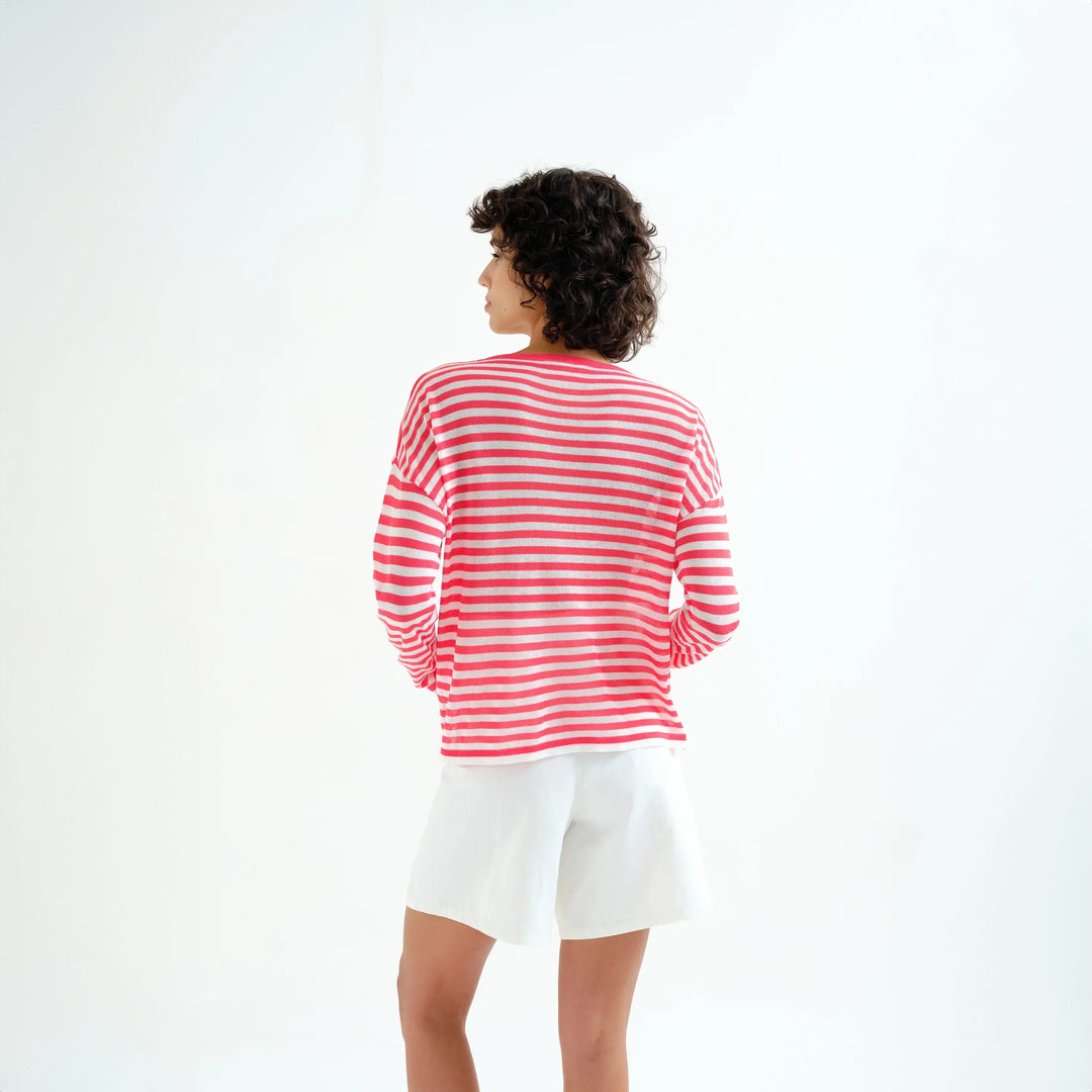 JERSEY - Compañía Fantástica, Punto Suave Con Estampado De Rayas Blanco y Rojo