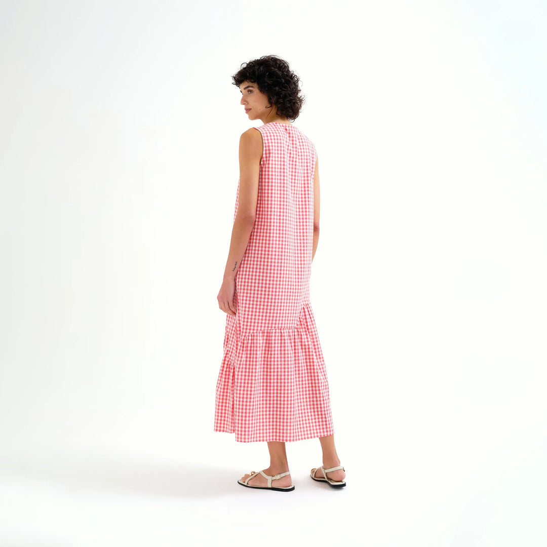 VESTIDO - Compañía Fantástica, Midi 100% Algodón Cuadros Vichy Rojo