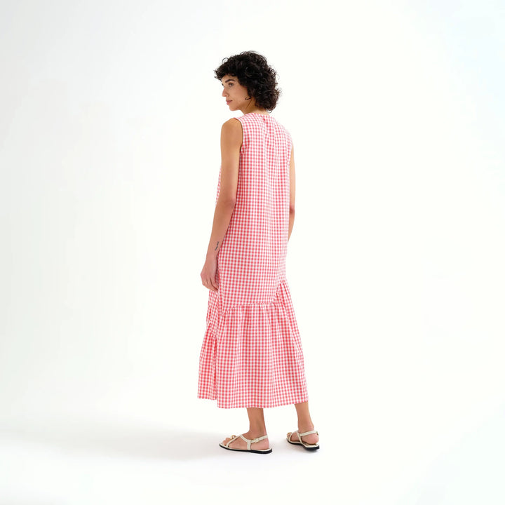 VESTIDO - Compañía Fantástica, Midi 100% Algodón Cuadros Vichy Rojo