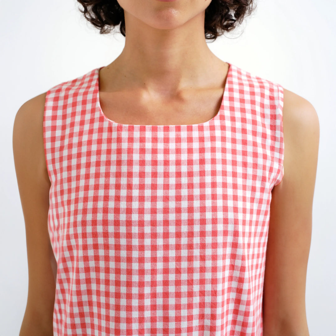 VESTIDO - Compañía Fantástica, Midi 100% Algodón Cuadros Vichy Rojo
