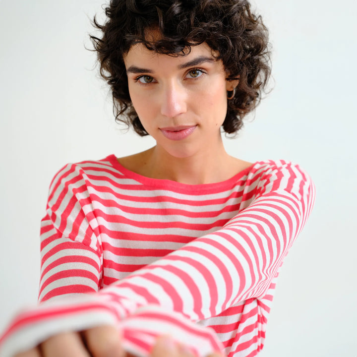 JERSEY - Compañía Fantástica, Punto Suave Con Estampado De Rayas Blanco y Rojo