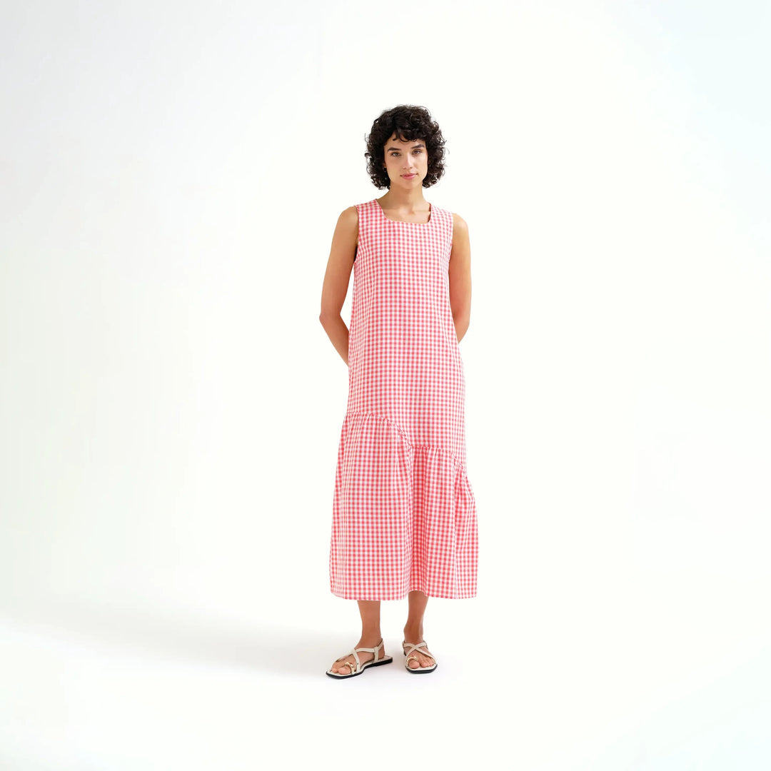 VESTIDO - Compañía Fantástica, Midi 100% Algodón Cuadros Vichy Rojo