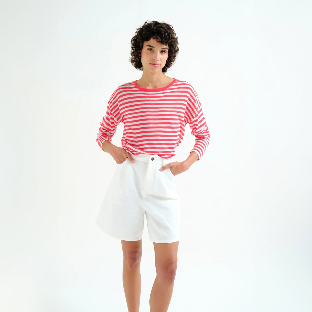 JERSEY - Compañía Fantástica, Punto Suave Con Estampado De Rayas Blanco y Rojo