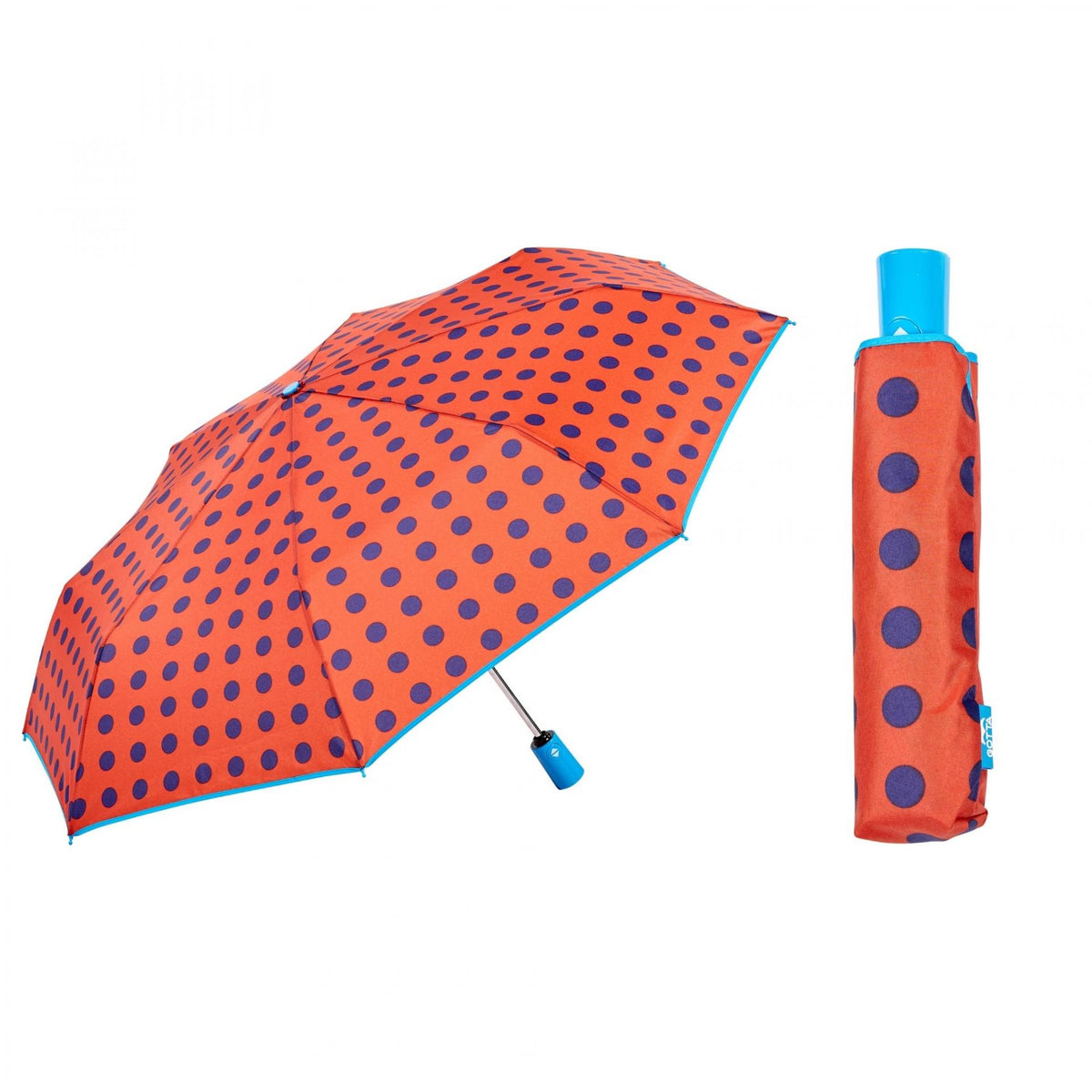 Paraguas plegable automático rojo con lunares azul marino de Gotta – abierto y plegado