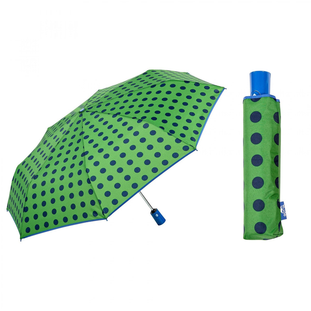 Paraguas plegable automático verde con lunares azul marino de Gotta – abierto y plegado